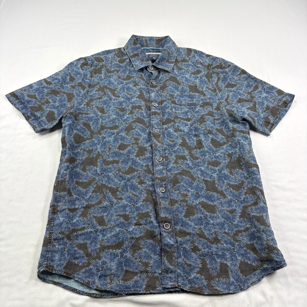 32 Bar Blues Linen Shirt Mens Small Blue Floral Tropical Button Up Camp